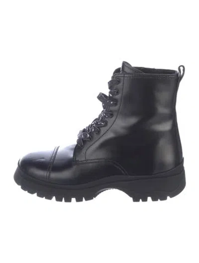 Pre-owned Prada Spazzolato Patent Leather Combat Boots In Black