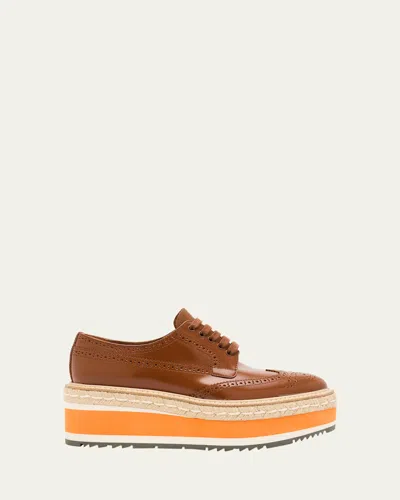 Prada Spazzolato Re-edition Platform Wingtip Loafers In Tabacco
