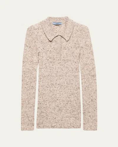Prada Speckled Wool-linen Rib Polo Sweater In Naturale