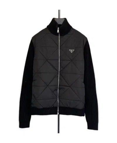 Prada Splicing Design Knitted Cardigan In Black