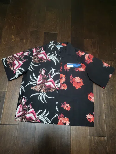 Pre-owned Prada Split Hawaiian Girl Rose Button Up Bowling Shirt In Black