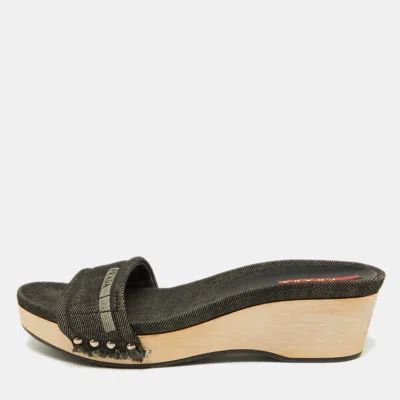 Pre-owned Prada Sport Black Denim Wedge Slide Sandals Size 37
