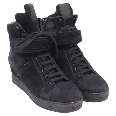 Pre-owned Prada Sport High-top Wedge Sneakers In Black Suede