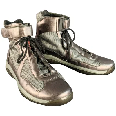 Pre-owned Prada Sport Size 10.5 America's Cup Silver Leather Nylon Mesh Ankle Sneakers