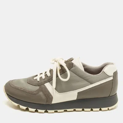 Pre-owned Prada Sport Size 36.5 Grey/white Leather And Nylon Lace Up Sneakers In Gray
