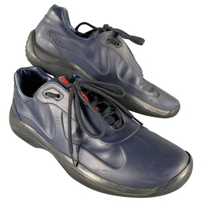 Pre-owned Prada Sport Size 9 Navy Black Textured Leather Lace Up Sneakers In Blue