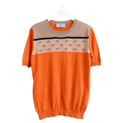 Pre-owned Prada Spring 2014 Orange Silk & Wool Floral Intarsia Fine Knit Sweater Top