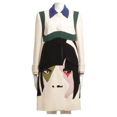 Pre-owned Prada Spring/summer 2014 Face Intarsia Single Breasted Coat Multi Coloured Wool In Beige