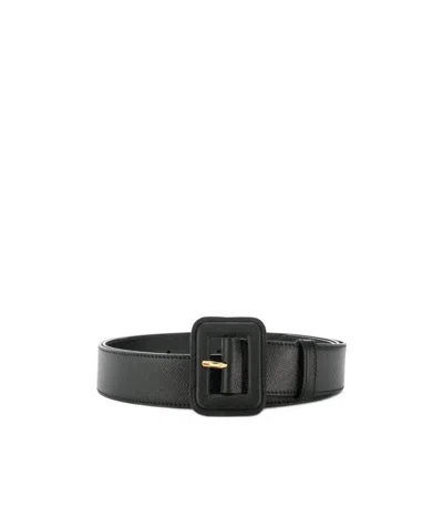 Prada Wide Buckle Leather Belt Saffiano Finish In Black