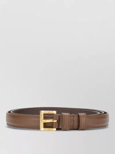 Prada Square Buckle Belt Textured Calf Leather In Brown