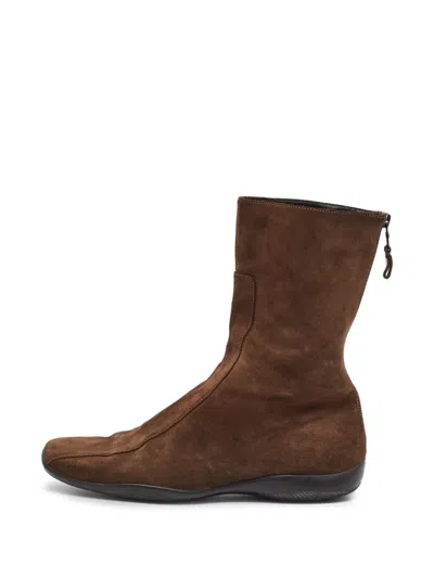 Pre-owned Prada Square-toe Ankle Boots In Brown