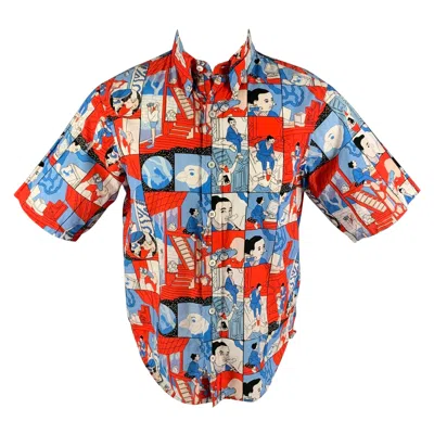 Pre-owned Prada Ss 18 Comic Collection Size S Red Blue Graphic Cotton Short Sleeve Shirt