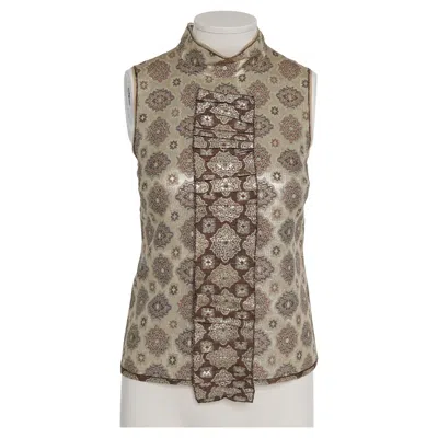 Pre-owned Prada S/s 2002  Decorative Pattern Gold Lamé Sleeveless Ruffled Blouse It38 In Brown