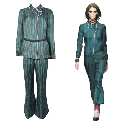 Pre-owned Prada S/s 2008 Fairy Collection Green Striped Flare Pants Ensemble