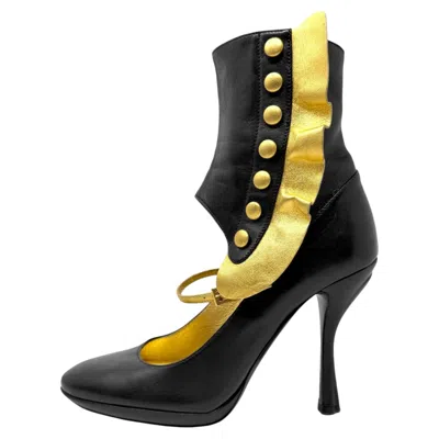 Pre-owned Prada Ss08 Fairy Runway Leather Mary Jane Boot Heels 37.5 In Black