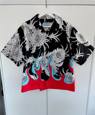 Pre-owned Prada Ss18 Dahlia Flame Hawaiian Bowling Camp Shirt Size L In Multicolor