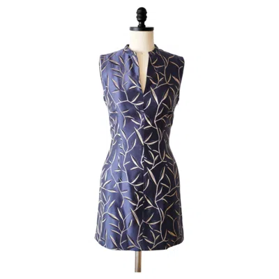 Pre-owned Prada Ss1997 Bamboo Print Blue Silk Mandarin Collar Mini Dress (s)