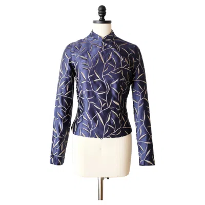 Pre-owned Prada Ss1997 Blue Silk Bamboo Print Mandarin Collar Blouse (xs/s)