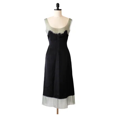 Pre-owned Prada Ss1998 Navy Blue Silk With Latex Trim Midi Dress (s)