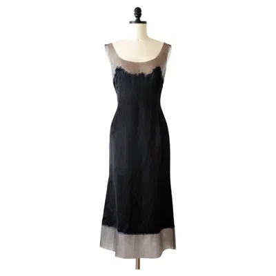 Pre-owned Prada Ss1998 Navy Silk With Latex Trim Midi Dress (m) In Blue