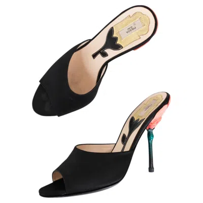 Pre-owned Prada Ss2008 Sculptural Flower Stem Peep Toe Mules In Black Satin (38)