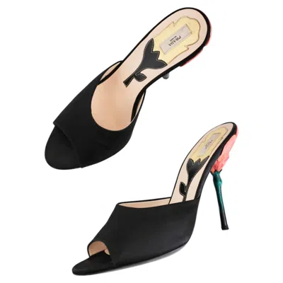 Pre-owned Prada Ss2008 Sculptural Flower Stem Peep Toe Mules In Black Satin (38.5)