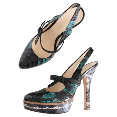 Pre-owned Prada Ss2009 Python Mary Jane Bow Slingback Platform Heels (37) In Black