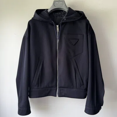 Pre-owned Prada Ss2019 Mainline Cropped Hooded Wool Bomber In Blue