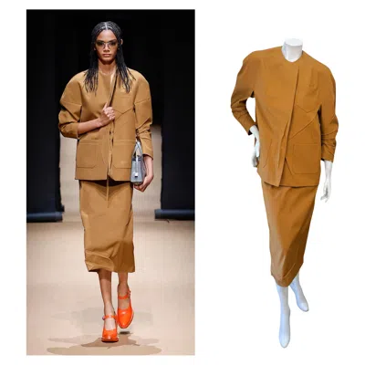 Pre-owned Prada Ss2023 Camel Sculpted Jacket & Pencil Skirt Set – It 38 In Brown