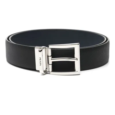Prada Ss26 Saffiano Leather Reversible Belt 'black Baltic Blue' In Pattern