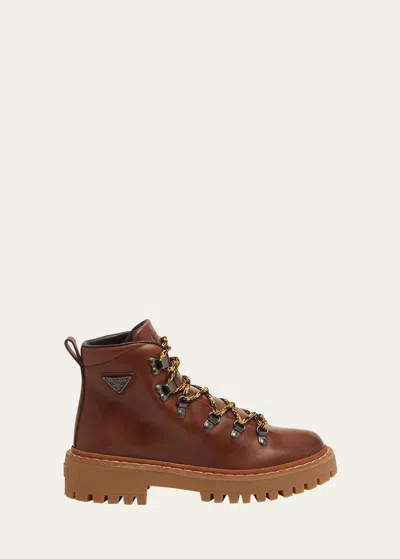 Prada St. Moritz Calfskin Hiker Boots In Cognac