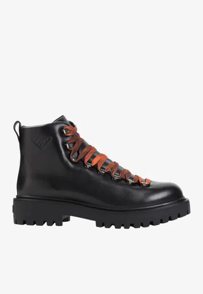 Prada St. Moritz Leather Hiking Boots In Black