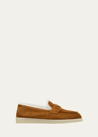 Prada St Tropez Suede Shearling Loafers In Cognac