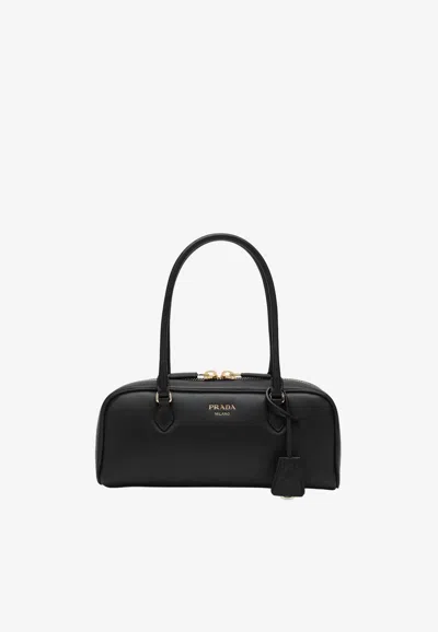 Prada Stamped Logo Leather Top Handle Bag In Black
