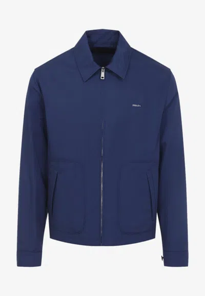Prada Stamped Logo Zip-up Jacket In Blue