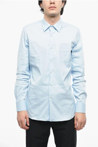 Prada Standard Collar Popeline Cotton Shirt In Blue