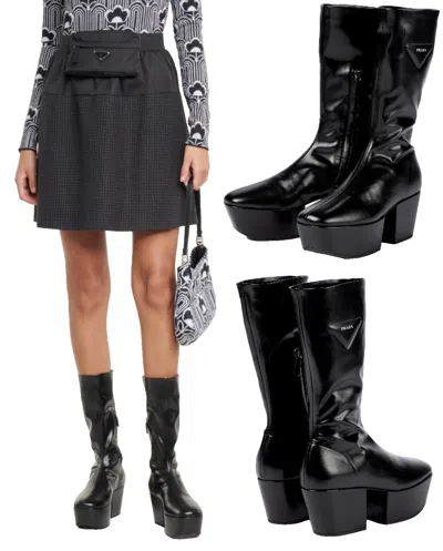 Pre-owned Prada Stiefel Platform Boots Triangle Nappa Gothic Plateau Schuhe Stretch 40 In Black