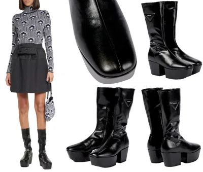 Pre-owned Prada Stiefel Platform Boots Triangle Nappa Gothic Plateau Schuhe Stretch 41 In Black