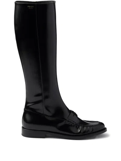 Prada Penny Boots In Black Glossy Leather