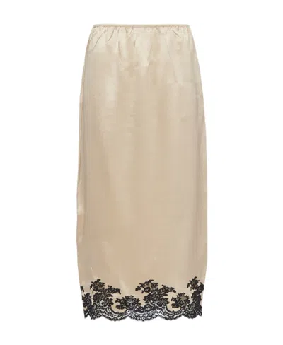 Prada Women's Satin Crepe And Lace Midi-skirt In Beige Khaki