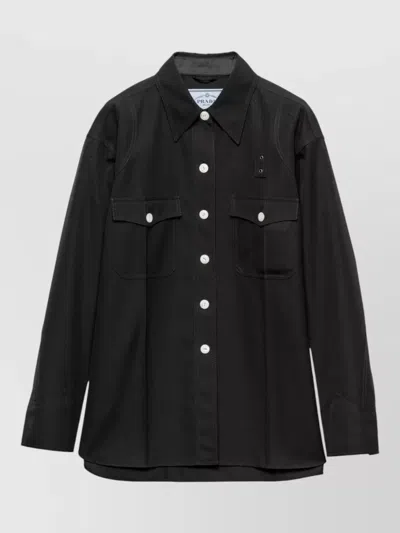 Prada Straight Jacket Shirt Collar Long Sleeves Chest Pockets In Black