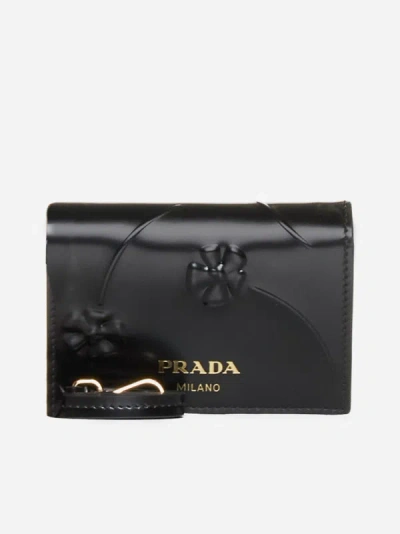 Prada Strap-detail Floral Leather Card Holder In Black