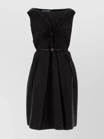 Prada Strapless Knee-length Dress Pleated Detail In Black