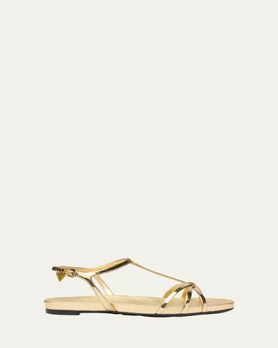 Prada Strappy Metallic Leather Flat Sandals In Gold