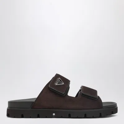 Prada Strappy Sandals In Dark Brown Suede Leather