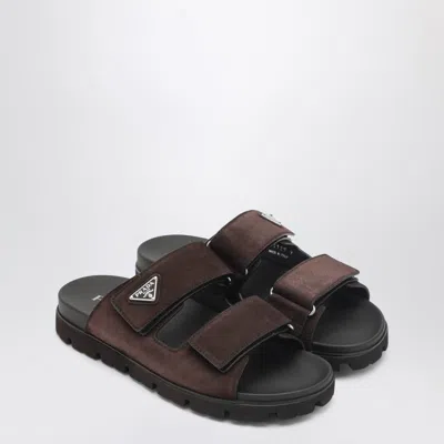 Prada Strappy Sandals In Dark Brown Suede Leather