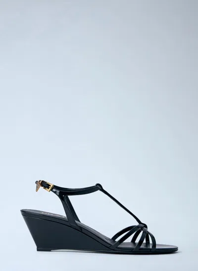 Prada Leather Sandals Wedge Heel Open Toe In Black