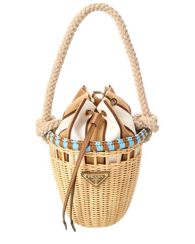 Prada Straw & Canvas Bucket Bag In Brown