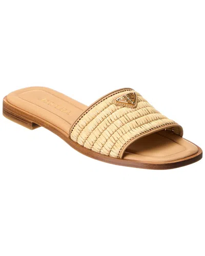 Prada Beige Raffia And Leather Slippers In Neutral