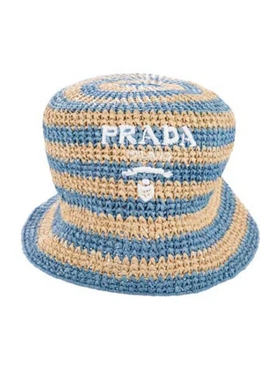 Pre-owned Prada Straw Braided Bucket Hat In Blue